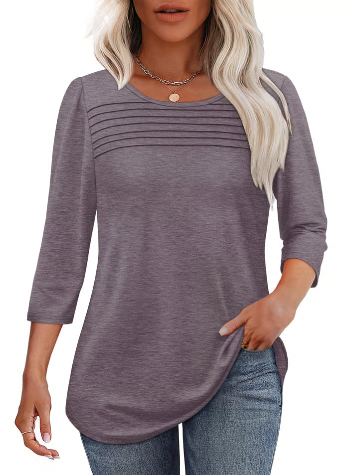 🔥🔥 2025 Women's 3/4 Length Sleeve Top Pleated Front T-Shirt