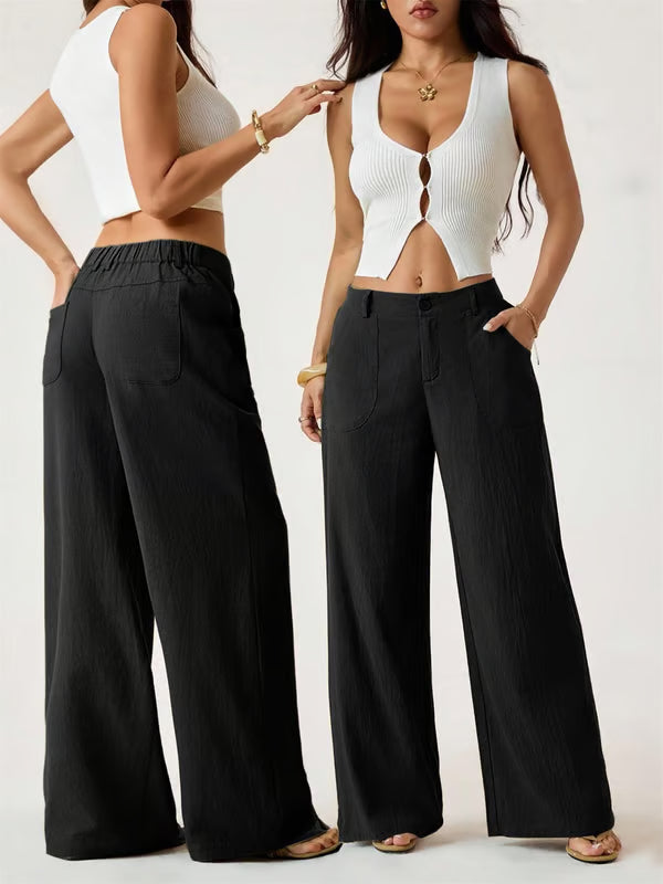 ✨✨Women's Cotton Linen Palazzo Pants Summer Flowy Wide Straight Leg Beach Trousers With Pocket Casual Solid Color Soft Elastic High Waist Lounge Pants