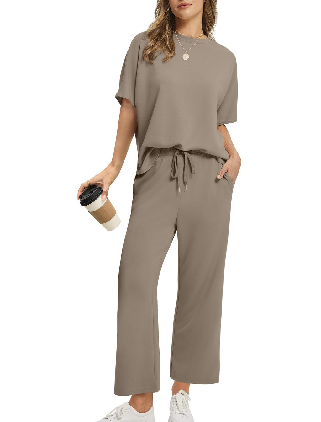 Women's Lounge Sets 2 Piece Outfits 2026 Summer Casual Short Sleeve Sweatsuits Matching Tracksuits Wide Leg Pant Set