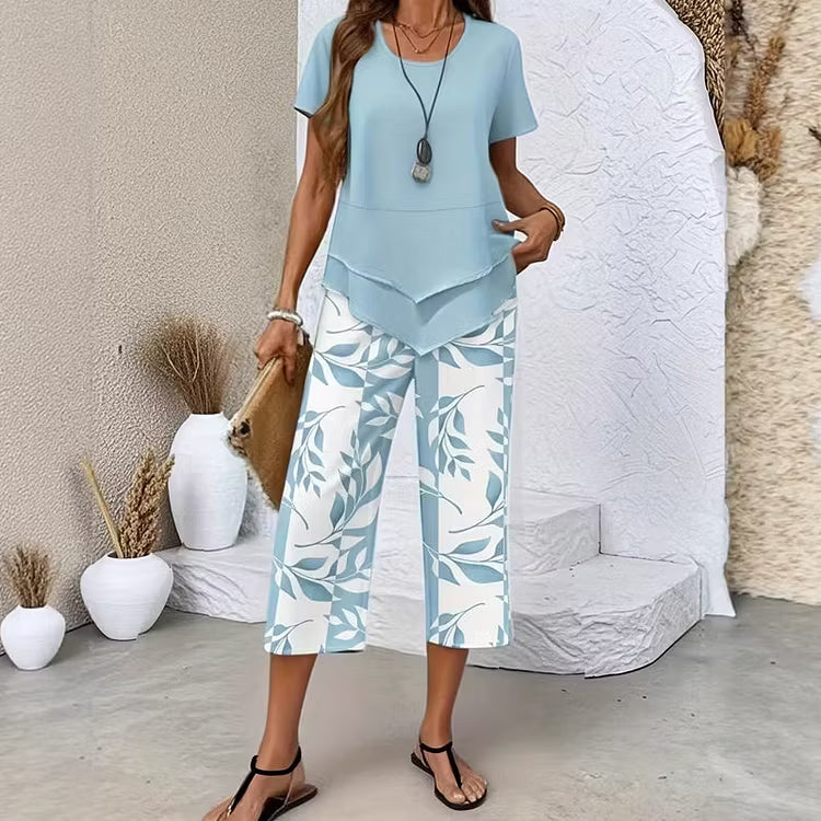 ✨✨Women's Casual Round Neck Layered Tunic Top and Wide Leg Pants Set