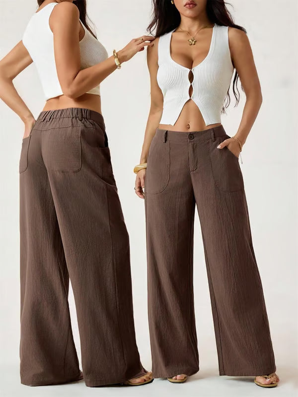 ✨✨Women's Cotton Linen Palazzo Pants Summer Flowy Wide Straight Leg Beach Trousers With Pocket Casual Solid Color Soft Elastic High Waist Lounge Pants