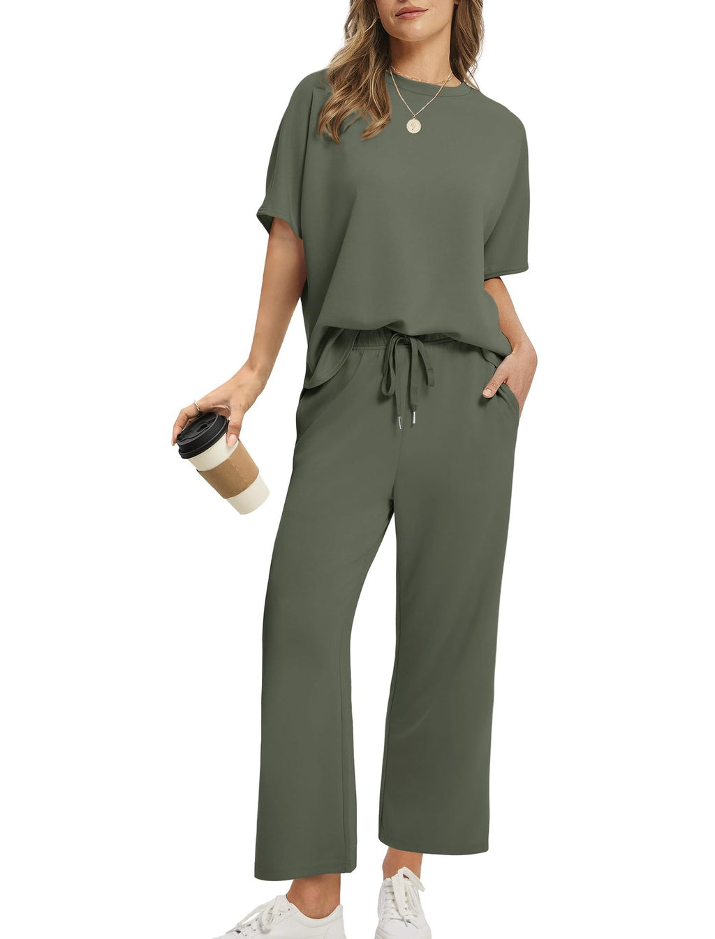Women's Lounge Sets 2 Piece Outfits 2026 Summer Casual Short Sleeve Sweatsuits Matching Tracksuits Wide Leg Pant Set