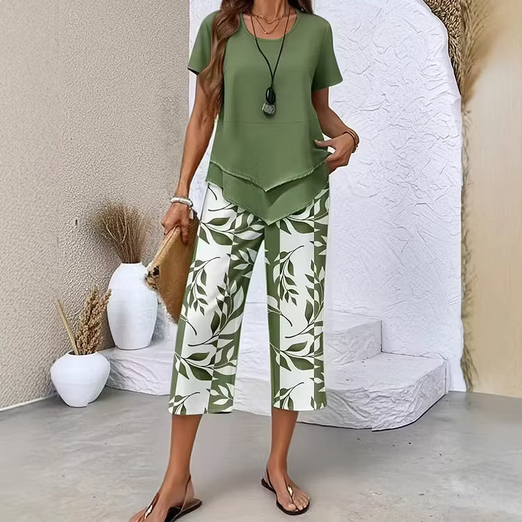 ✨✨Women's Casual Round Neck Layered Tunic Top and Wide Leg Pants Set