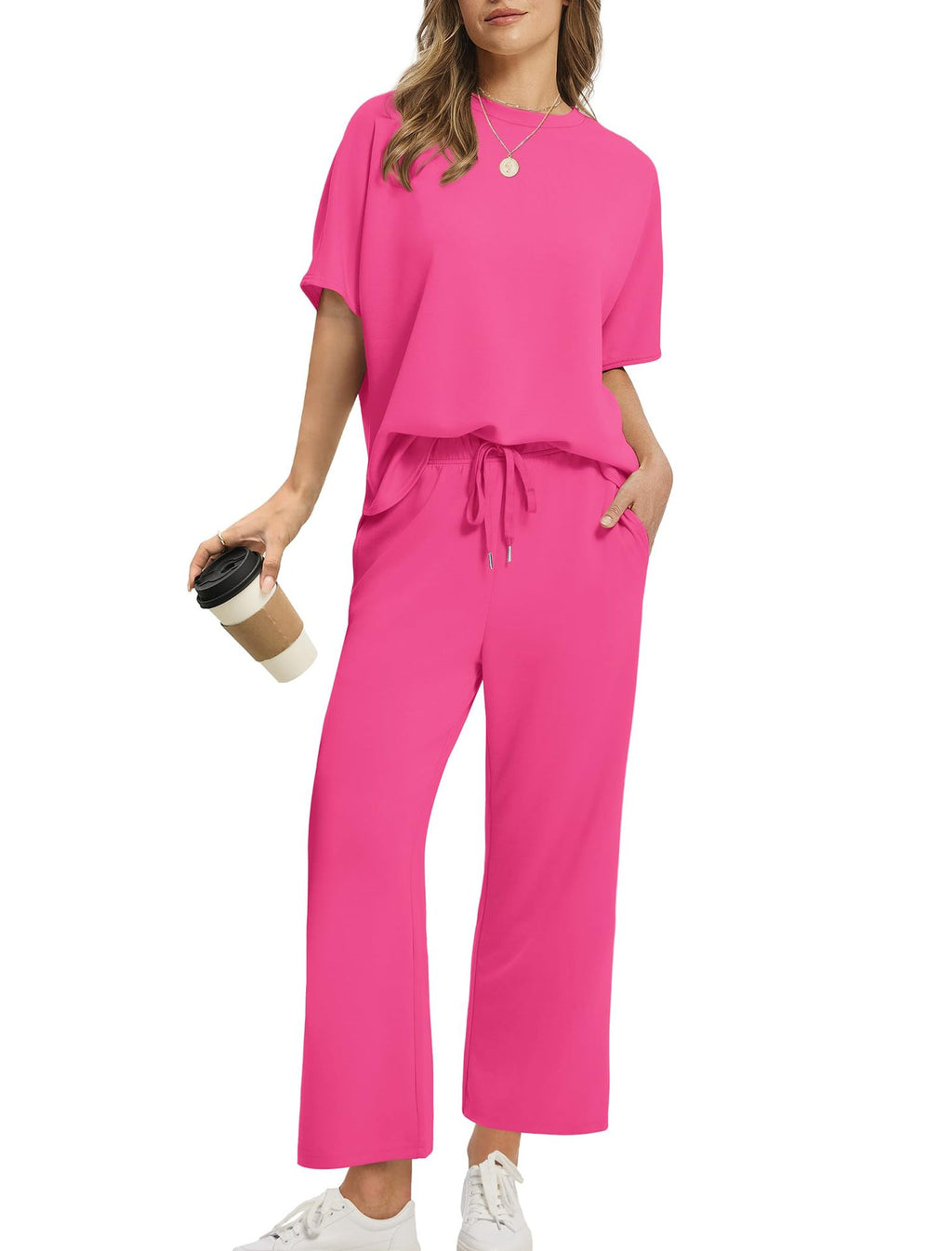 Women's Lounge Sets 2 Piece Outfits 2026 Summer Casual Short Sleeve Sweatsuits Matching Tracksuits Wide Leg Pant Set