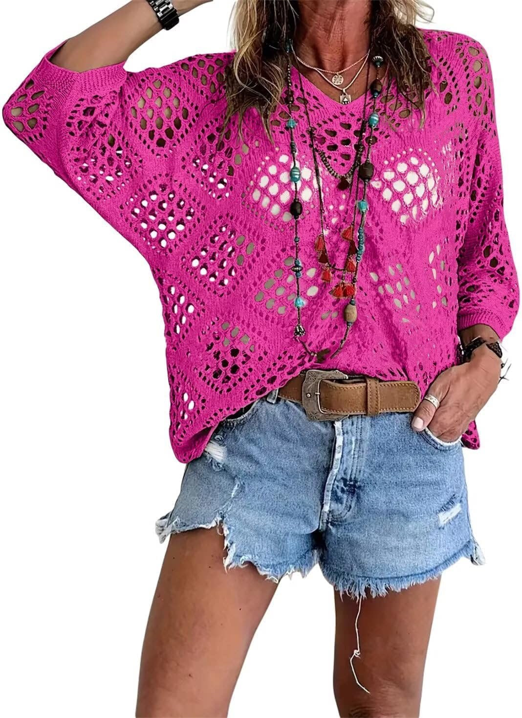 ✨✨Women's Bohemian-Inspired Beige Crochet Top with V-Neck