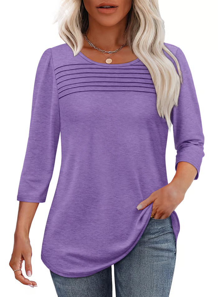 🔥🔥 2025 Women's 3/4 Length Sleeve Top Pleated Front T-Shirt