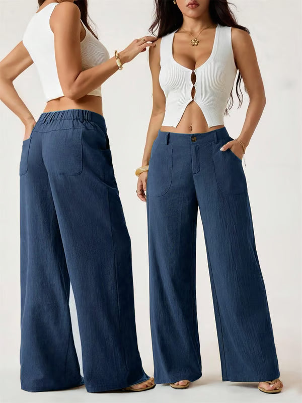 ✨✨Women's Cotton Linen Palazzo Pants Summer Flowy Wide Straight Leg Beach Trousers With Pocket Casual Solid Color Soft Elastic High Waist Lounge Pants