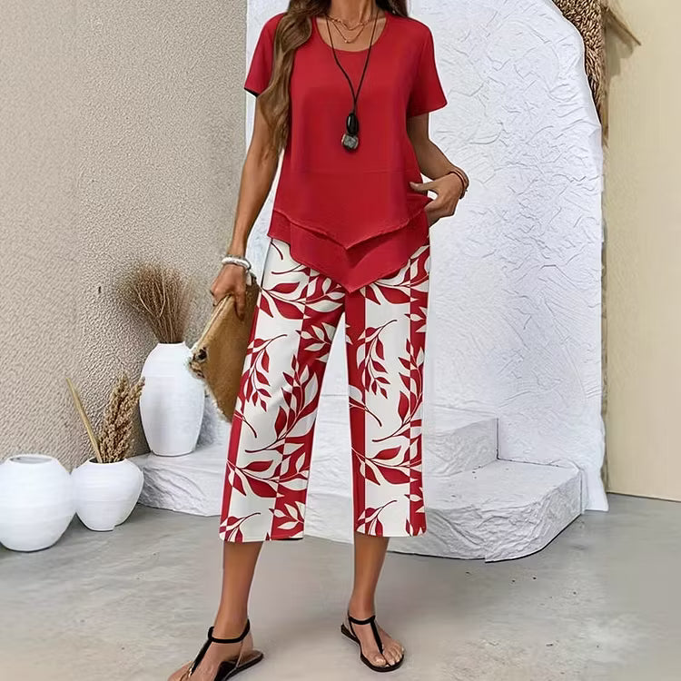✨✨Women's Casual Round Neck Layered Tunic Top and Wide Leg Pants Set