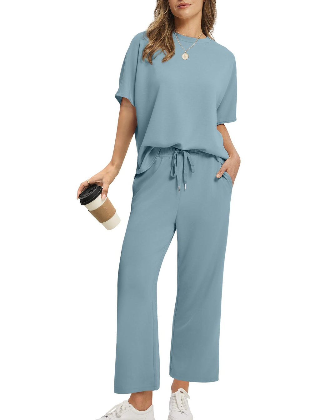 Women's Lounge Sets 2 Piece Outfits 2026 Summer Casual Short Sleeve Sweatsuits Matching Tracksuits Wide Leg Pant Set