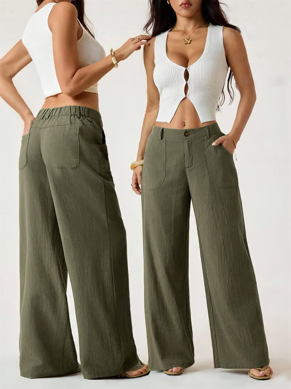 ✨✨Women's Cotton Linen Palazzo Pants Summer Flowy Wide Straight Leg Beach Trousers With Pocket Casual Solid Color Soft Elastic High Waist Lounge Pants