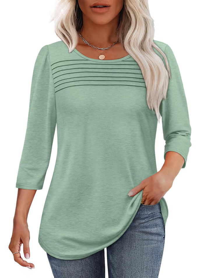 🔥🔥 2025 Women's 3/4 Length Sleeve Top Pleated Front T-Shirt