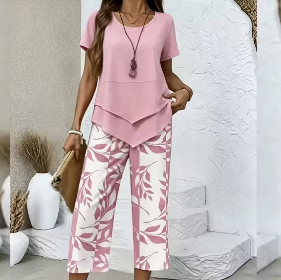 ✨✨Women's Casual Round Neck Layered Tunic Top and Wide Leg Pants Set