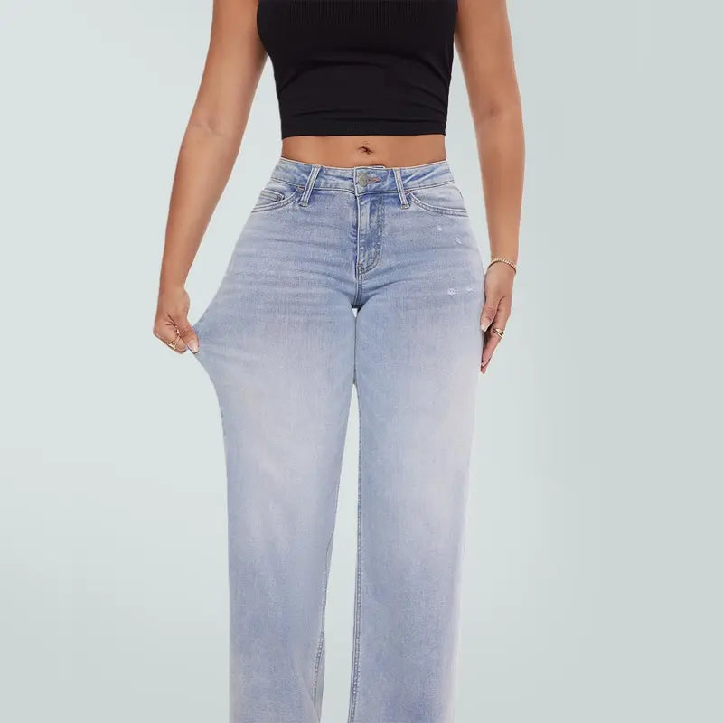 ✨✨Mid-low Rise Baggy Jeans Stretchy Wide Leg for Women Distressed Pants Womenswear Bottom Lady Basic Minimalist Comfortable Denim Tummy Control Curve Hugging Plus Size Regular Size BBL Spring Fashion Daily Outfits