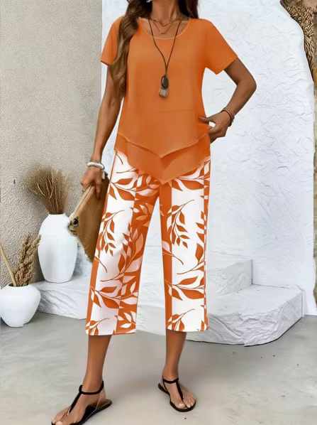 ✨✨Women's Casual Round Neck Layered Tunic Top and Wide Leg Pants Set