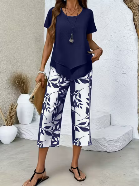✨✨Women's Casual Round Neck Layered Tunic Top and Wide Leg Pants Set