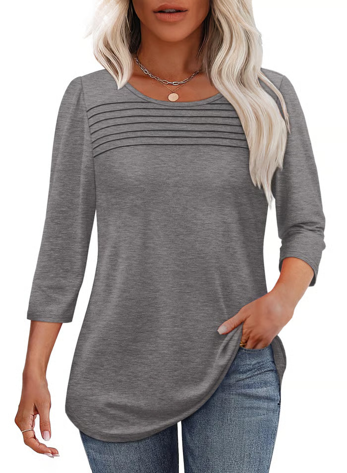 🔥🔥 2025 Women's 3/4 Length Sleeve Top Pleated Front T-Shirt
