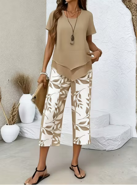 ✨✨Women's Casual Round Neck Layered Tunic Top and Wide Leg Pants Set