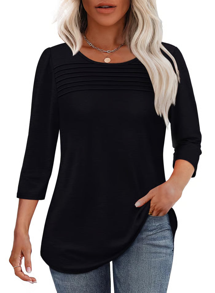🔥🔥 2025 Women's 3/4 Length Sleeve Top Pleated Front T-Shirt