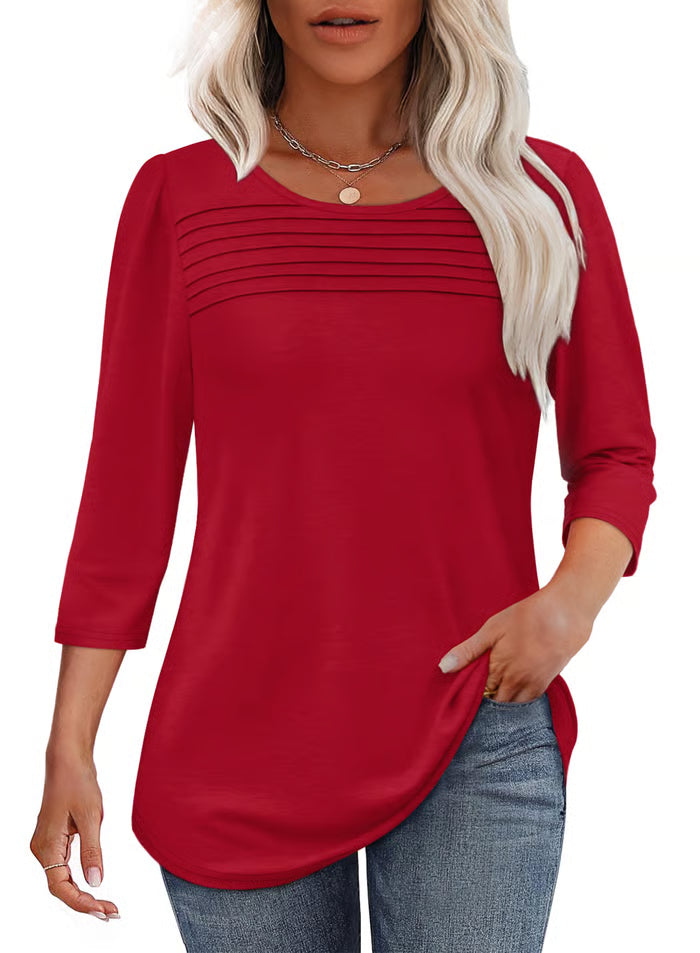 🔥🔥 2025 Women's 3/4 Length Sleeve Top Pleated Front T-Shirt