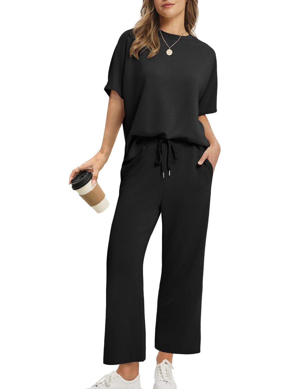 Women's Lounge Sets 2 Piece Outfits 2026 Summer Casual Short Sleeve Sweatsuits Matching Tracksuits Wide Leg Pant Set