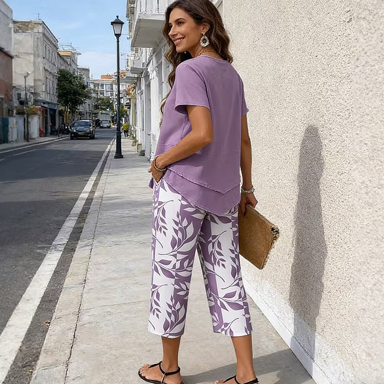 ✨✨Women's Casual Round Neck Layered Tunic Top and Wide Leg Pants Set