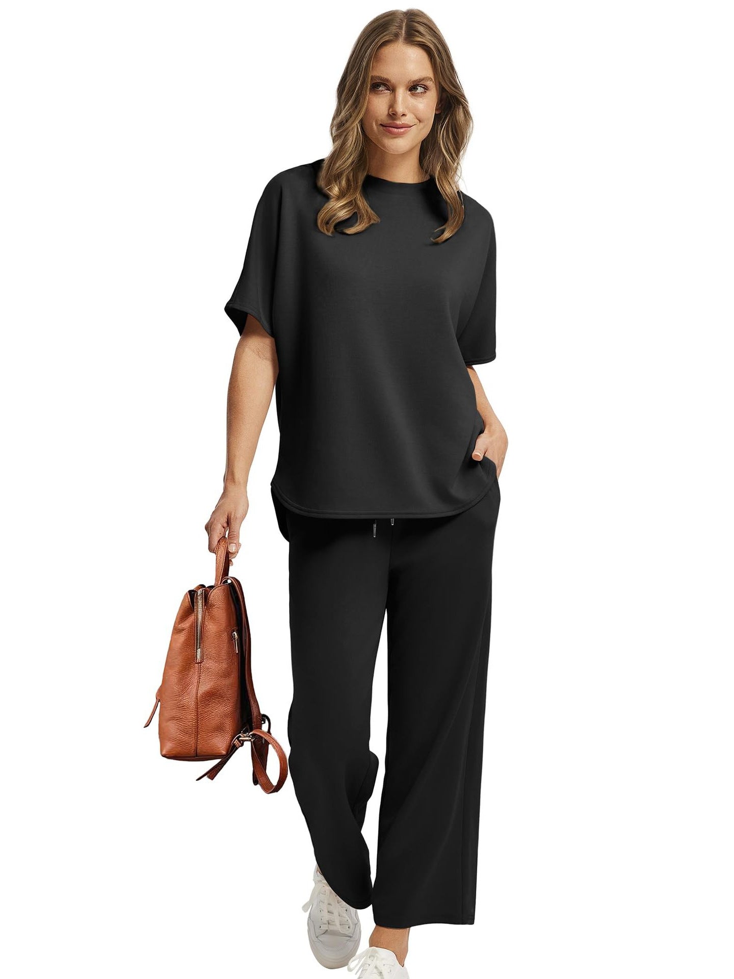 Women's Lounge Sets 2 Piece Outfits 2026 Summer Casual Short Sleeve Sweatsuits Matching Tracksuits Wide Leg Pant Set