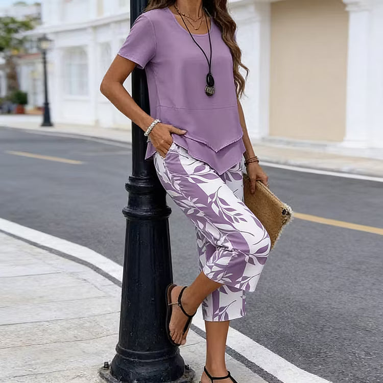 ✨✨Women's Casual Round Neck Layered Tunic Top and Wide Leg Pants Set
