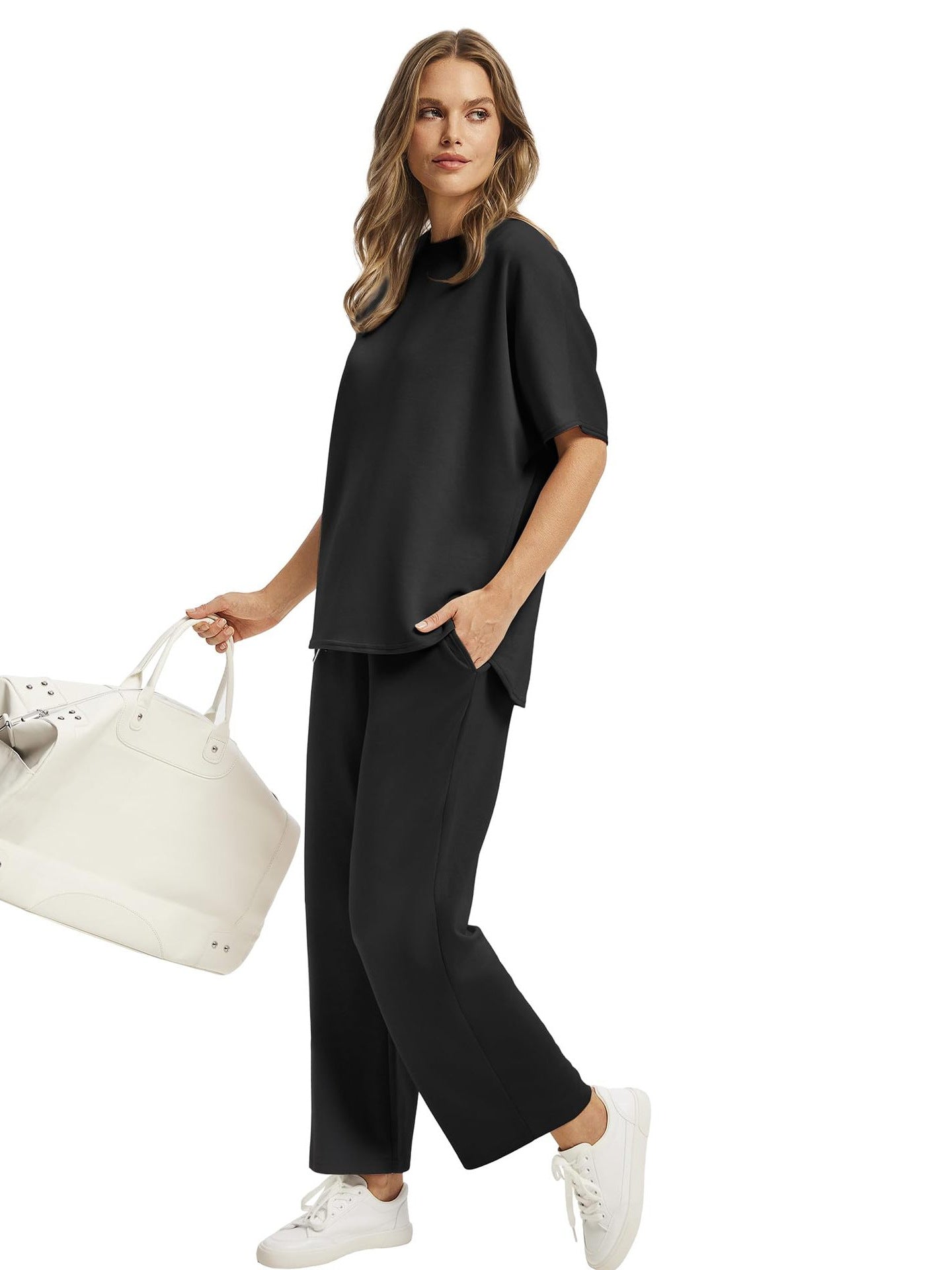 Women's Lounge Sets 2 Piece Outfits 2026 Summer Casual Short Sleeve Sweatsuits Matching Tracksuits Wide Leg Pant Set