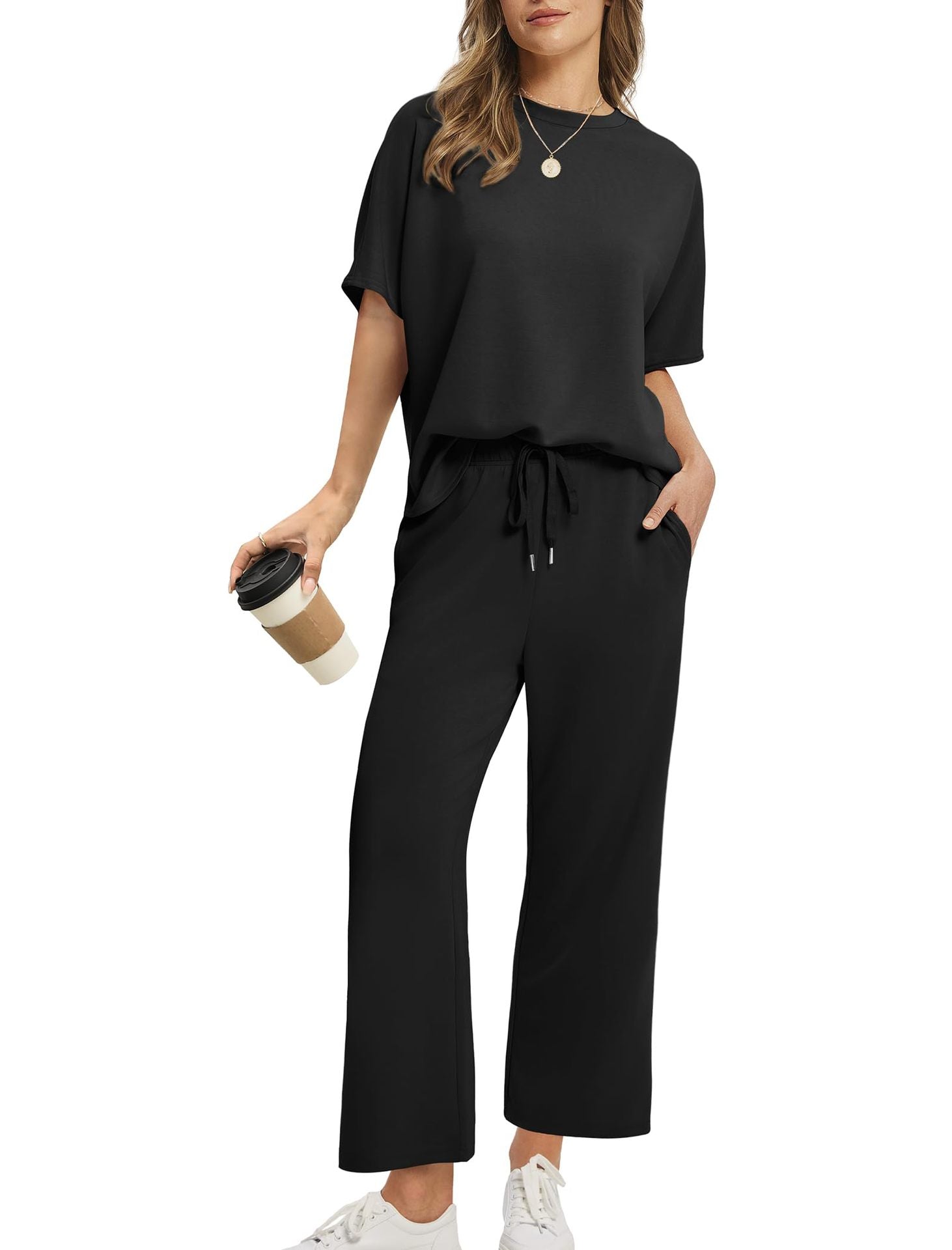 Women's Lounge Sets 2 Piece Outfits 2026 Summer Casual Short Sleeve Sweatsuits Matching Tracksuits Wide Leg Pant Set
