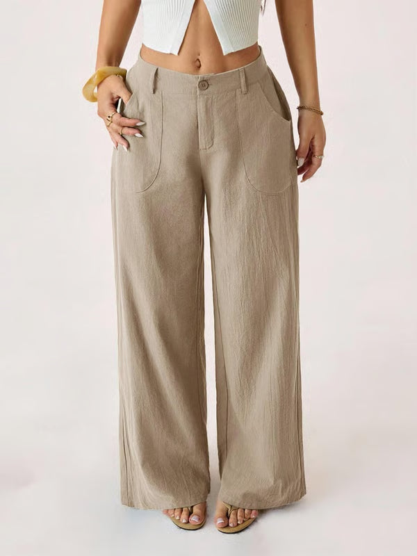✨✨Women's Cotton Linen Palazzo Pants Summer Flowy Wide Straight Leg Beach Trousers With Pocket Casual Solid Color Soft Elastic High Waist Lounge Pants