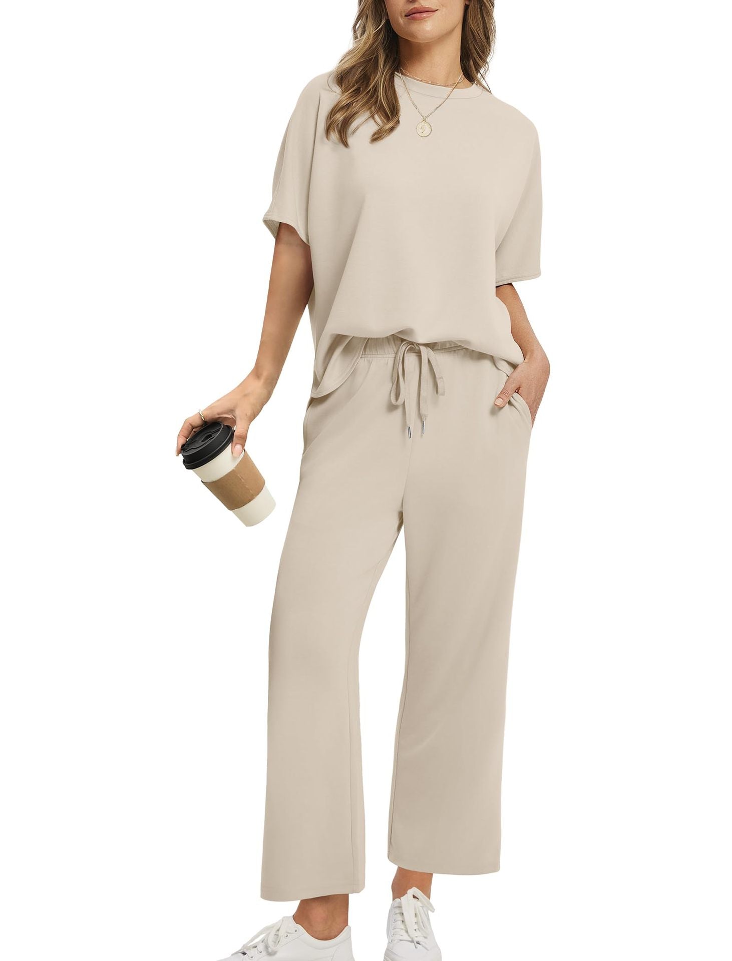 Women's Lounge Sets 2 Piece Outfits 2026 Summer Casual Short Sleeve Sweatsuits Matching Tracksuits Wide Leg Pant Set