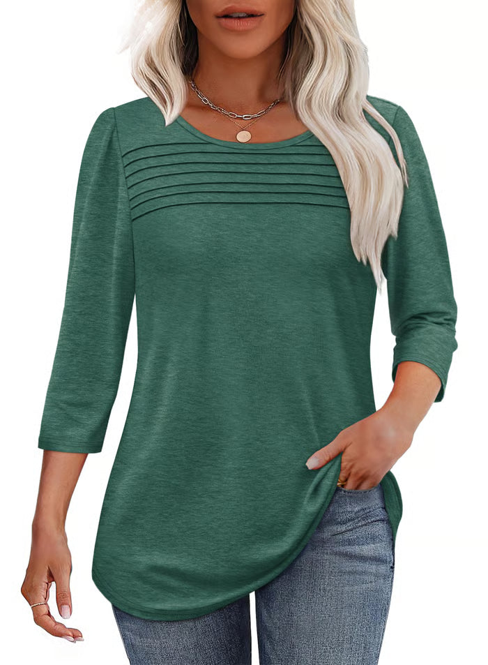 🔥🔥 2025 Women's 3/4 Length Sleeve Top Pleated Front T-Shirt