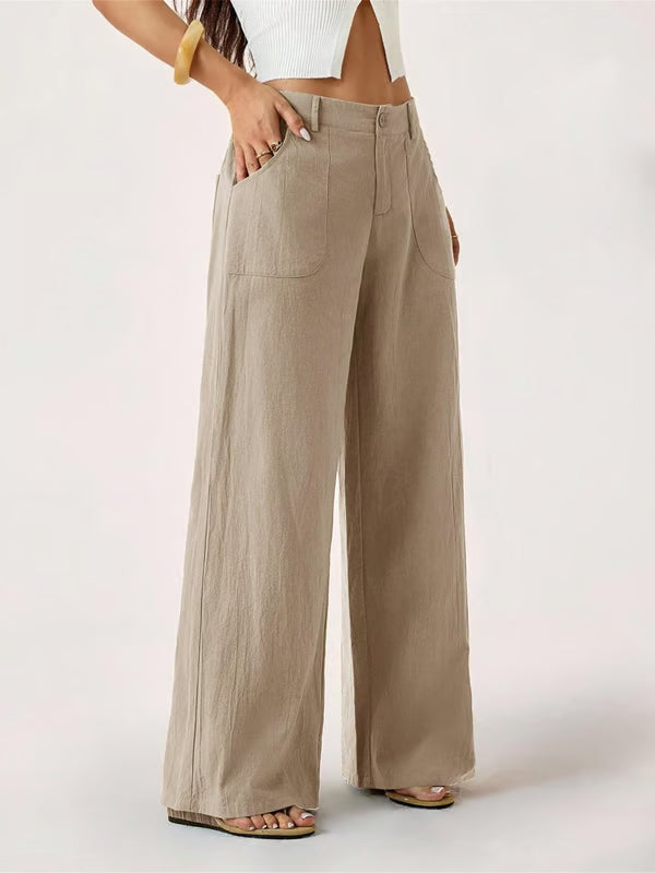 ✨✨Women's Cotton Linen Palazzo Pants Summer Flowy Wide Straight Leg Beach Trousers With Pocket Casual Solid Color Soft Elastic High Waist Lounge Pants