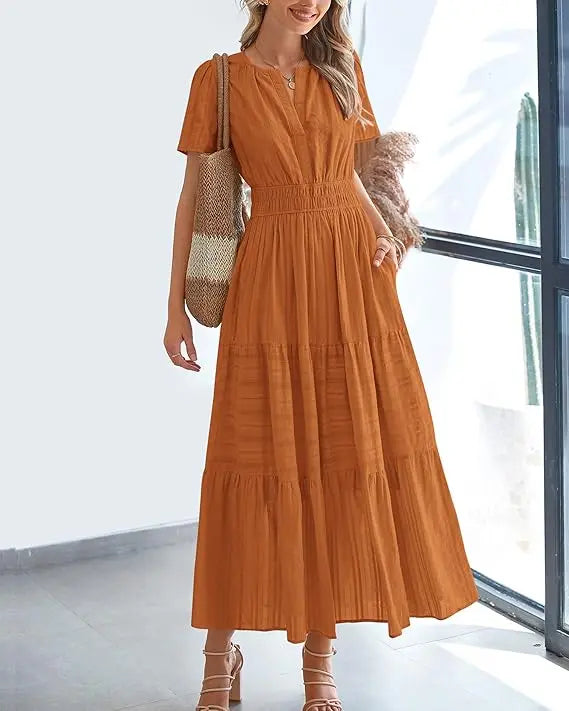 ✨✨Women's Summer 2026 Casual Maxi Dress Lightweight Short Sleeve V Neck Boho Dress with Pockets #Outdoorfun