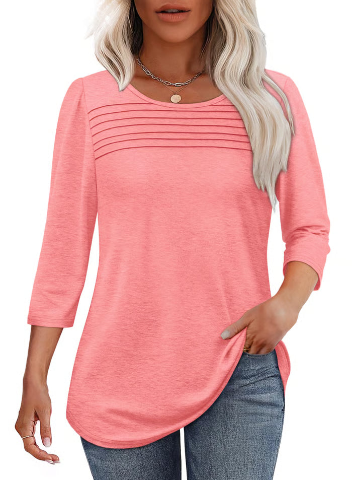 🔥🔥 2025 Women's 3/4 Length Sleeve Top Pleated Front T-Shirt