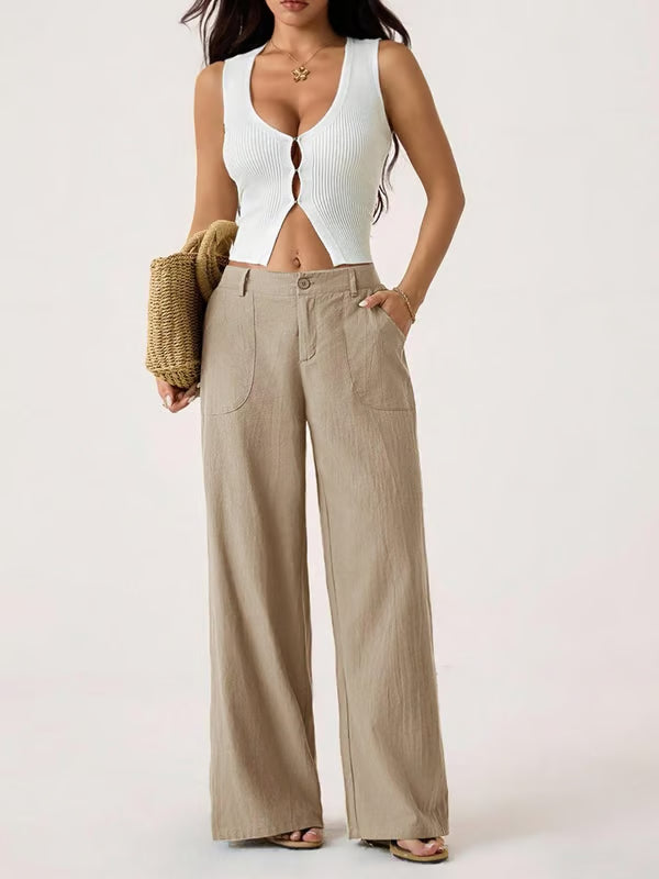 ✨✨Women's Cotton Linen Palazzo Pants Summer Flowy Wide Straight Leg Beach Trousers With Pocket Casual Solid Color Soft Elastic High Waist Lounge Pants