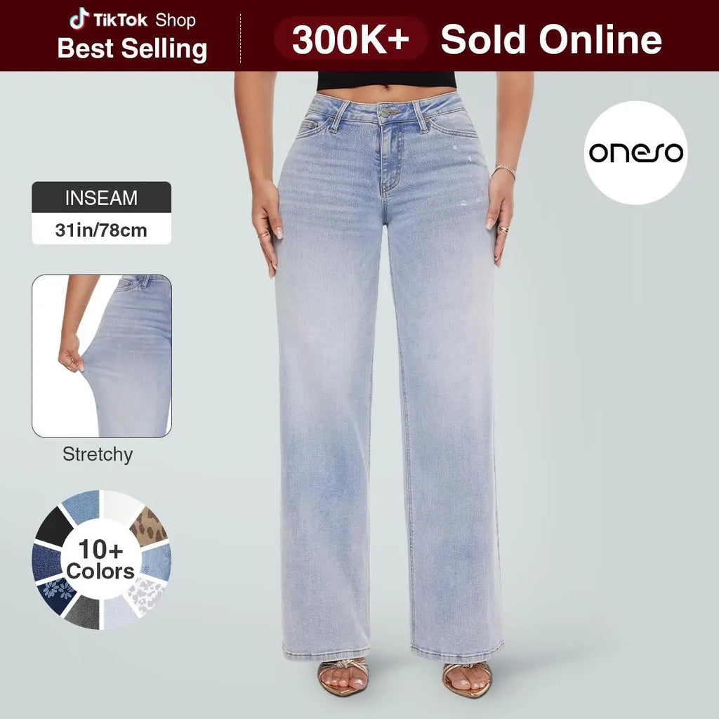 ✨✨Mid-low Rise Baggy Jeans Stretchy Wide Leg for Women Distressed Pants Womenswear Bottom Lady Basic Minimalist Comfortable Denim Tummy Control Curve Hugging Plus Size Regular Size BBL Spring Fashion Daily Outfits