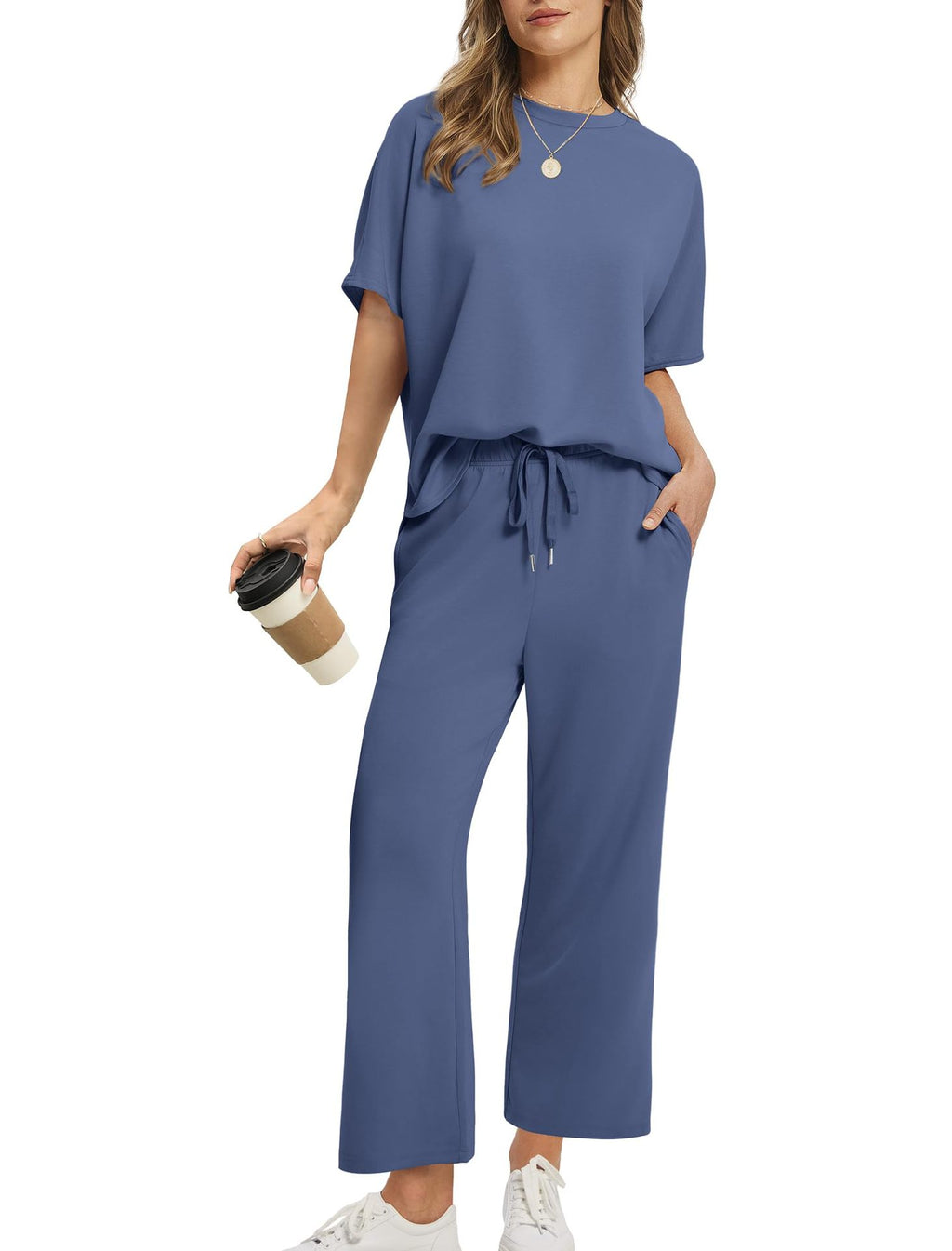 Women's Lounge Sets 2 Piece Outfits 2026 Summer Casual Short Sleeve Sweatsuits Matching Tracksuits Wide Leg Pant Set