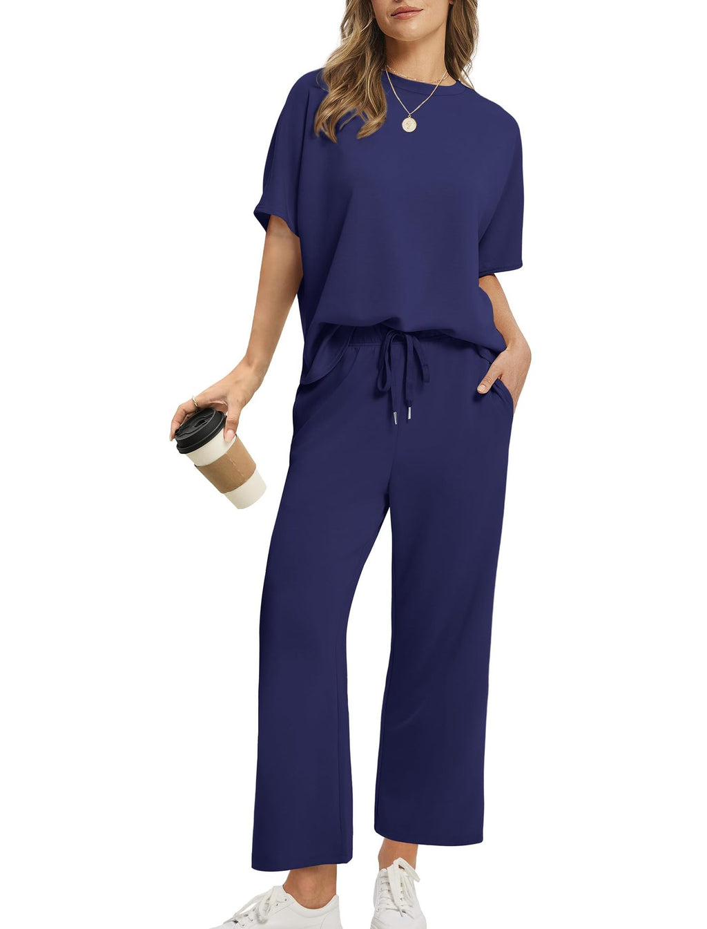 Women's Lounge Sets 2 Piece Outfits 2026 Summer Casual Short Sleeve Sweatsuits Matching Tracksuits Wide Leg Pant Set