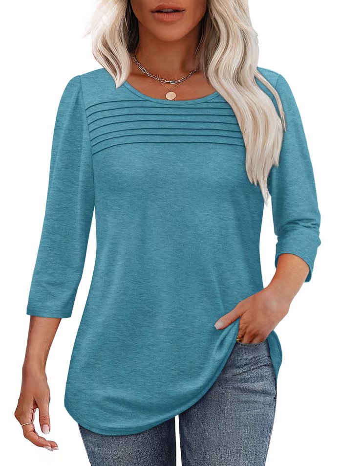 🔥🔥 2025 Women's 3/4 Length Sleeve Top Pleated Front T-Shirt