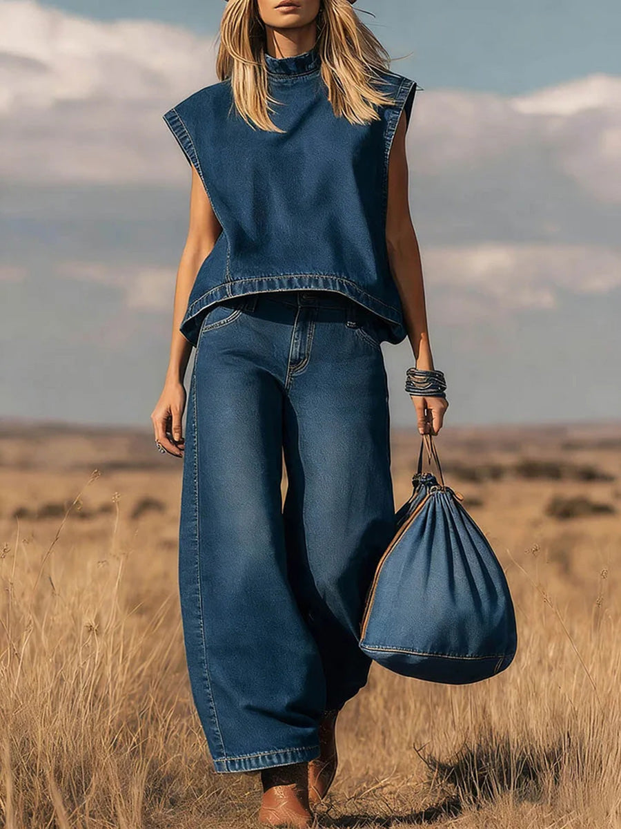 ✨✨Buy 2 Pcs Free Shipping - Women's Stand Collar Sleeveless Casual Loose Top and High Waisted Loose Wide Leg Denim Pants Set
