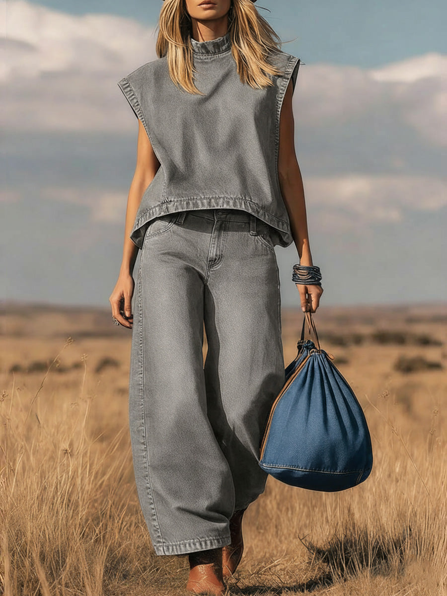 ✨✨Buy 2 Pcs Free Shipping - Women's Stand Collar Sleeveless Casual Loose Top and High Waisted Loose Wide Leg Denim Pants Set