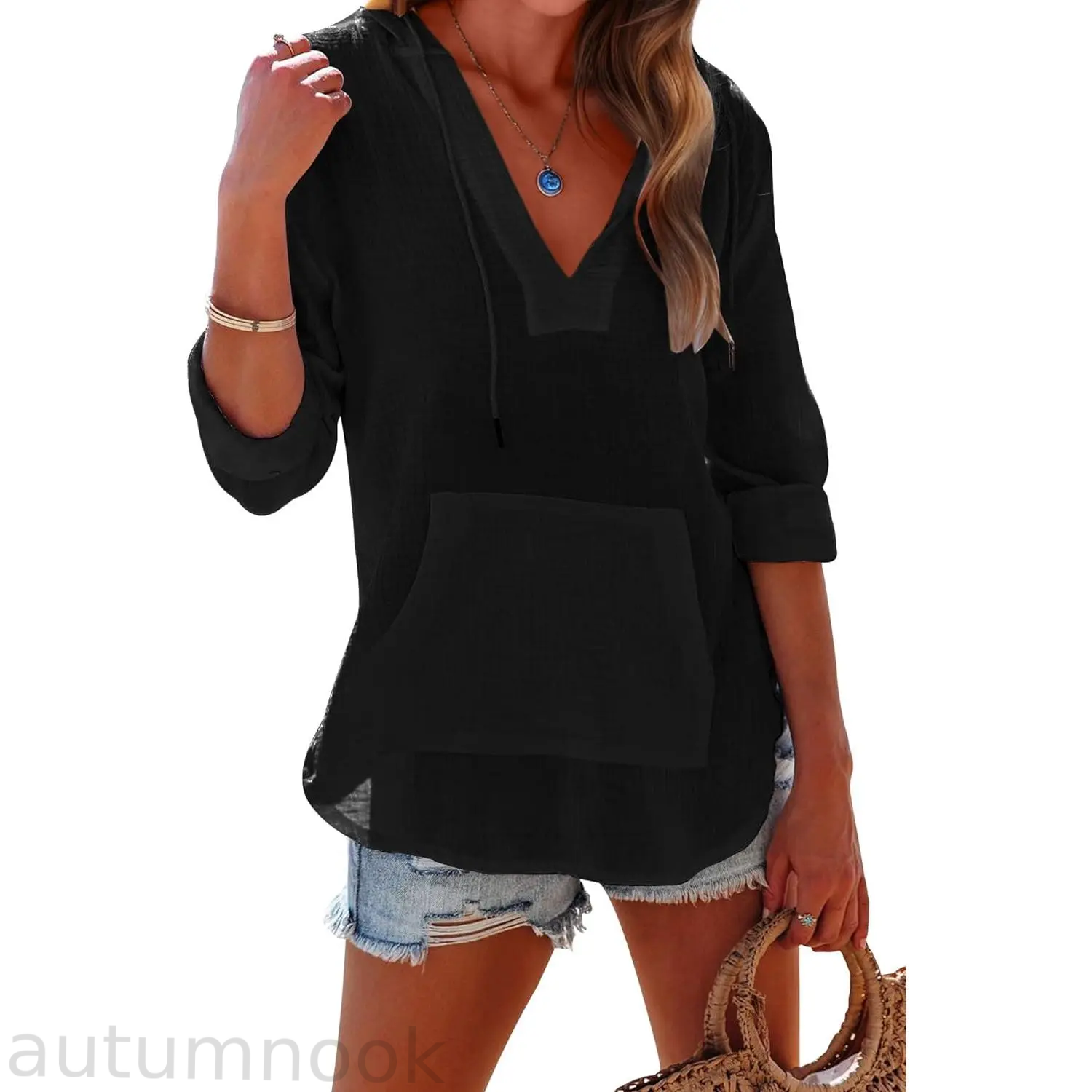 ✨✨Women's Beach Cover Up hoodies sweatshirt Long Sleeve V Neck Pocketed Hooded Shirt Top Casual Womenswear