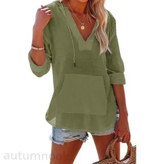 ✨✨Women's Beach Cover Up hoodies sweatshirt Long Sleeve V Neck Pocketed Hooded Shirt Top Casual Womenswear