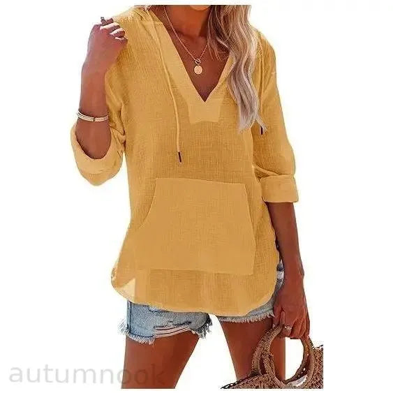 ✨✨Women's Beach Cover Up hoodies sweatshirt Long Sleeve V Neck Pocketed Hooded Shirt Top Casual Womenswear