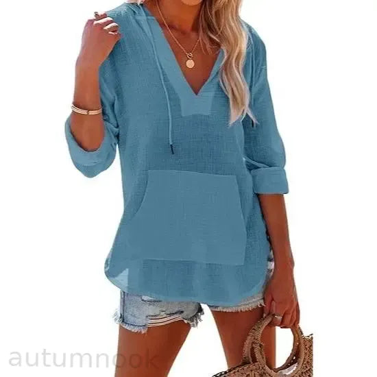 ✨✨Women's Beach Cover Up hoodies sweatshirt Long Sleeve V Neck Pocketed Hooded Shirt Top Casual Womenswear